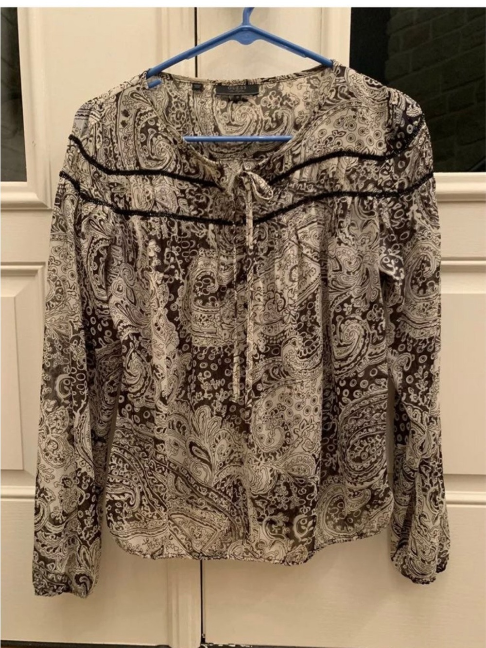 GUESS semi sheer black and ivory paisley beaded long sleeve blouse